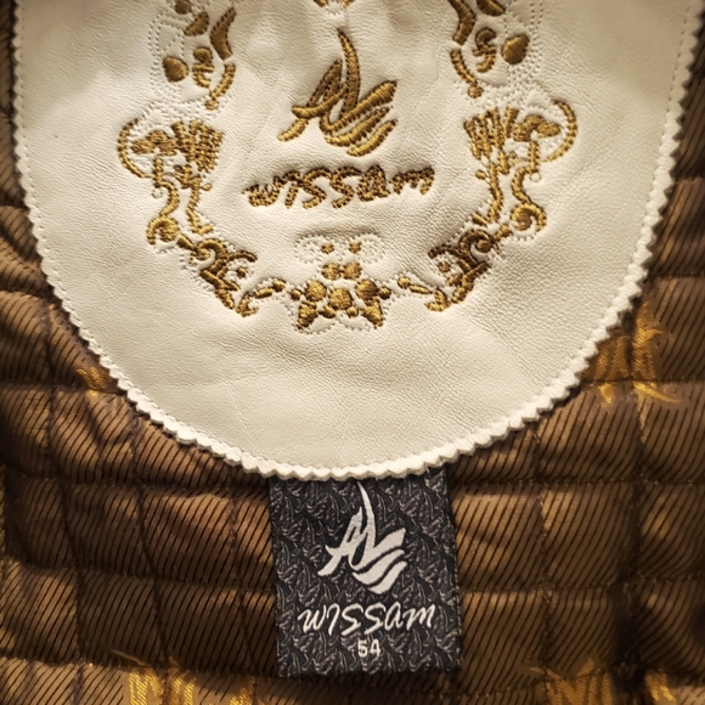Rare Al Wissam Leather Bomber Jacket Viintage Embossed Tiki Design Men's Sz 54 - Picture 2 of 11